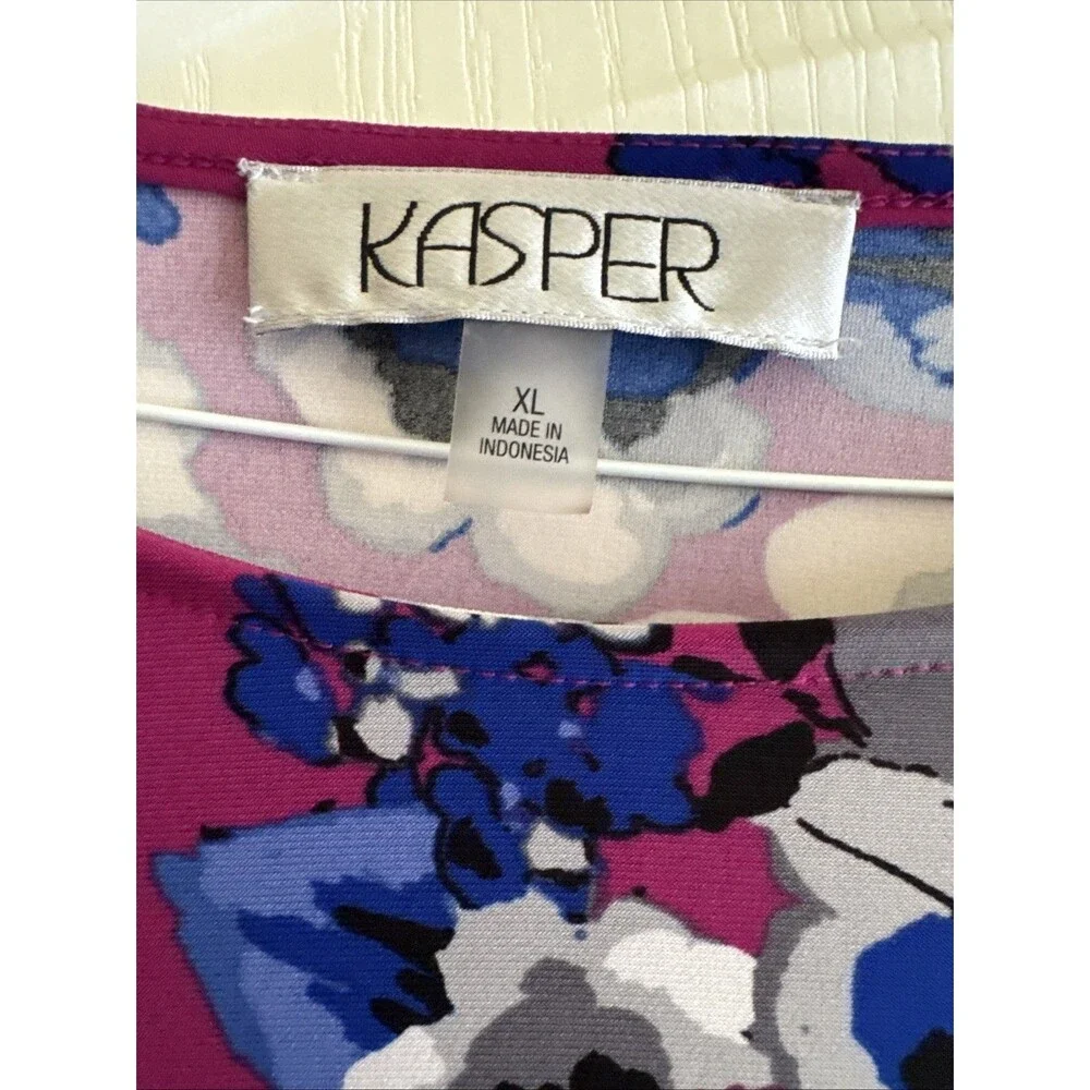 Kasper‎ Women Purple Blue Floral Crew-Neck Self-Tie Side Blouse Top Size XL